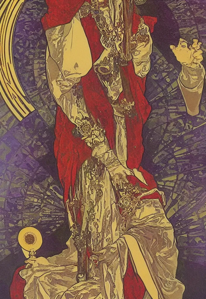 Image similar to Yoshua Bengio as the emperor on a tarot card, tarot in art style by Alphonse Mucha