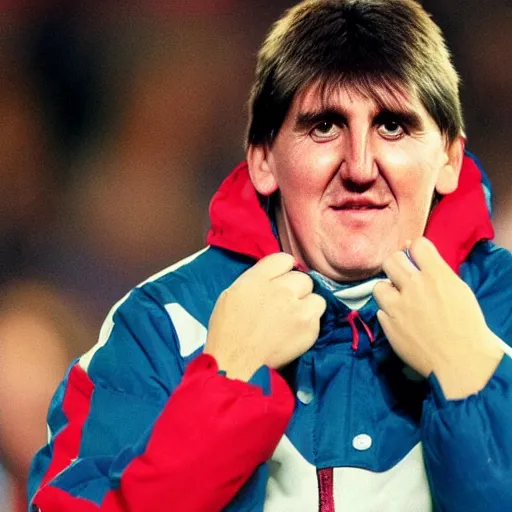 Image similar to peter beardsley wearing a puffa jacket surrounded by eggs