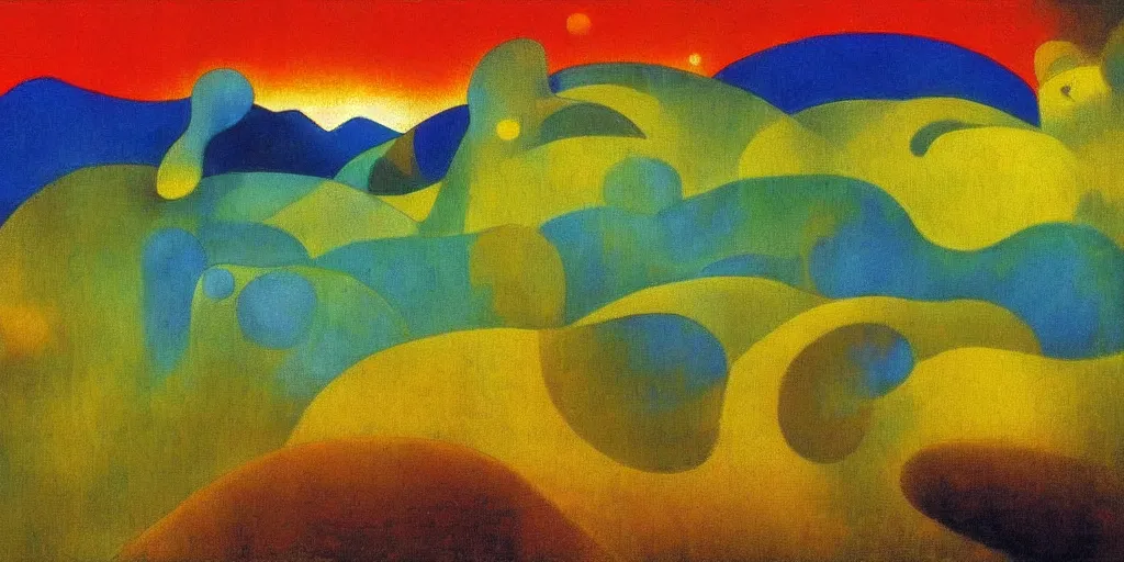 Image similar to An insane, modernist landscape painting. Wild energy patterns rippling in all directions. Curves, organic, zig-zags. Mountains, clouds. Rushing water. Waves. Psychedelic dream world. Odilon Redon. Tarsila do Amaral.