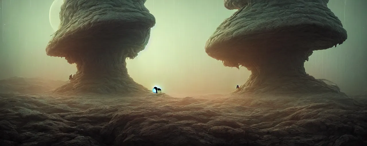 Image similar to ultra realist muted colors horror photo of a dimly lit alien landscape, very intricate details, focus, full frame image, high contrast, cgi render, artwork by tooth wu and wlop and beeple and greg rutkowski, award winning