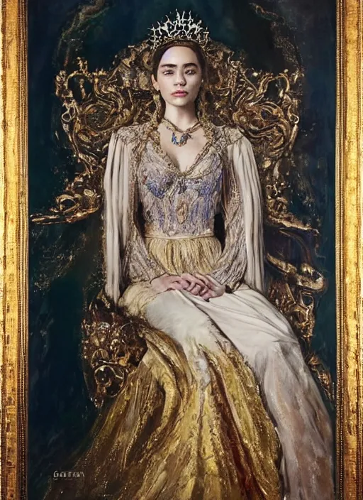 Prompt: oil painting of portait Queen of Ecstasy in a large throne room, Hungarian, Emilia Clarke by Yoshitaka Amano, by Georgia o Keeffe, by Gustave Moreau