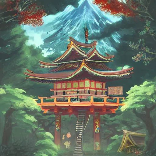 Image similar to a beautiful painting of detailed japanese treehouse shrine, breath of the wild, hyrule, inspired by cyril rolando, david wiesner, ornate, intricate, emitting light ornaments, volumetric lighting, cgsociety, alizarin red, brick red