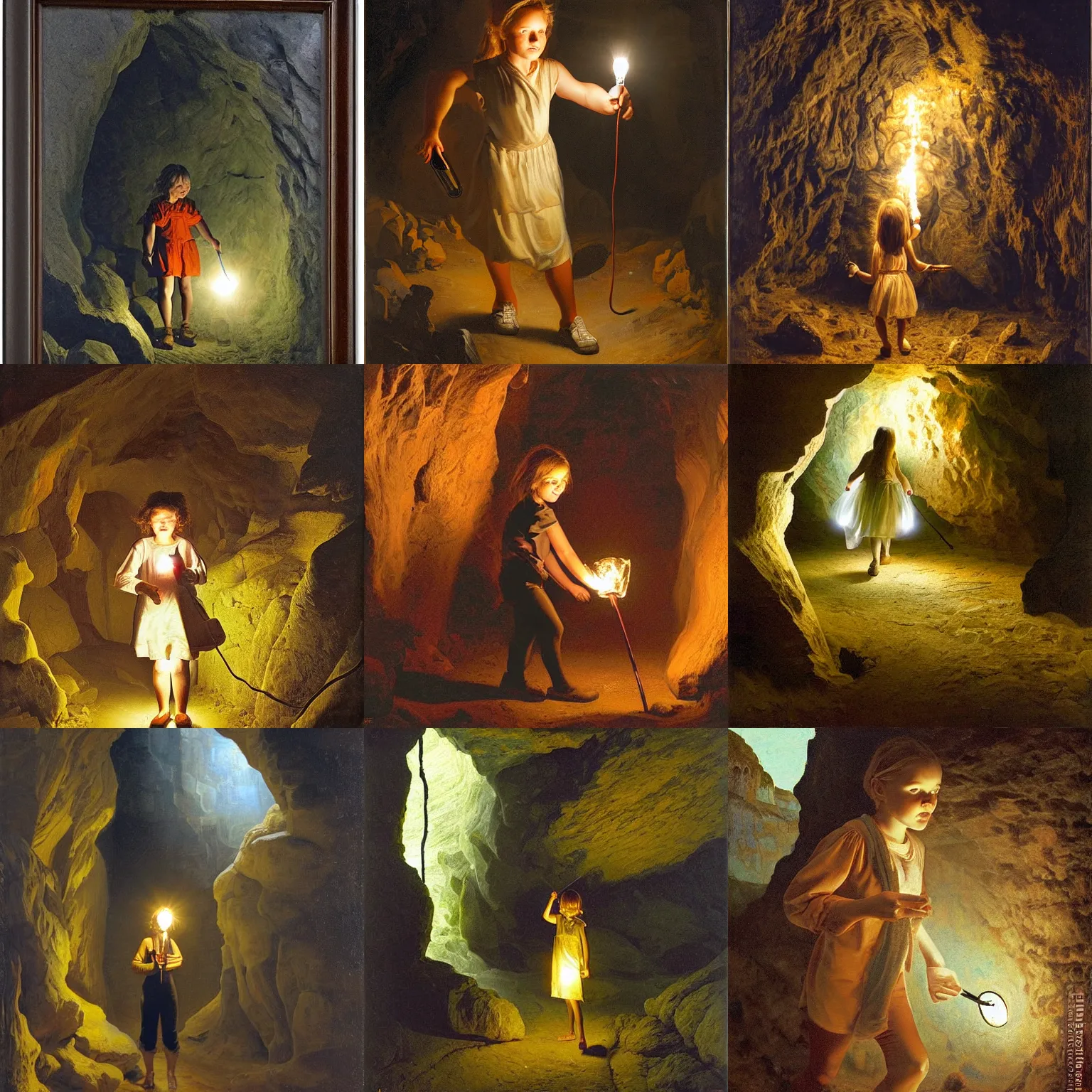 Prompt: a girl with a torch walking through a cave, the girl is scared, by van hove, francine