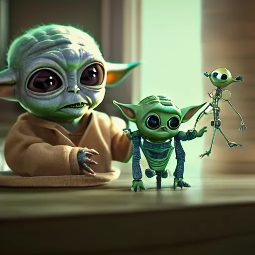 Image similar to real vintage photo, an alien baby meeting a little robot and baby yoda, detailed, hyper realistic, 4 k octan render, unreal 5