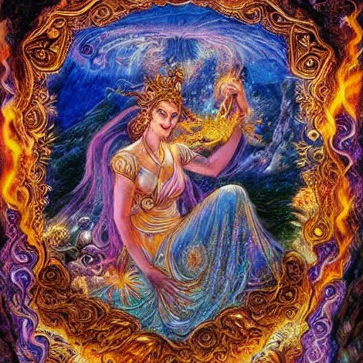 Image similar to goddess by josephine wall, checking her phone, sitting on flying golden ram, erupting volcano in distance, flowers in foreground, sunset, stars in sky, fantasy