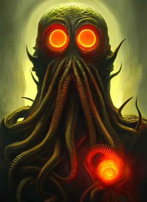 Prompt: cthulhu profile picture, highly detailed, portrait, dark lighting, orange glowing eyes, digital painting, trending on artstation, concept art, sharp focus, illustration, art by artgerm and greg rutkowski and magali villeneuve