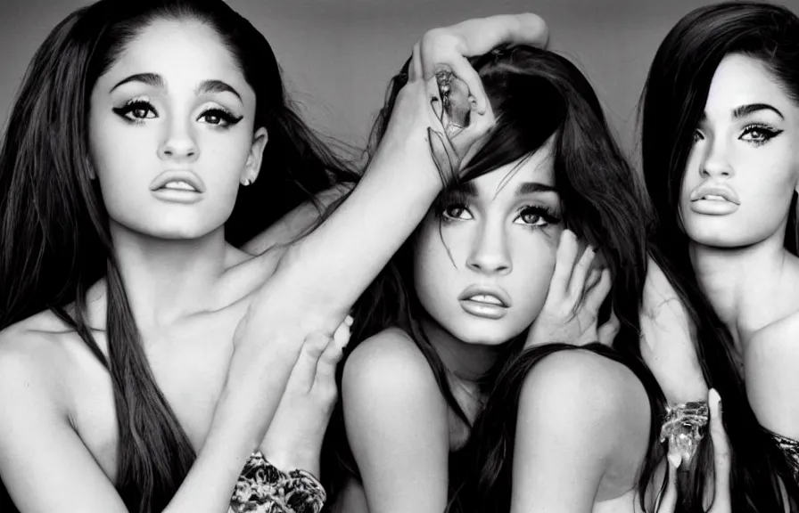 Prompt: award winning photo of Ariana Grande together with Megan Fox, symmetrical face by Sally Mann & Arnold Newman