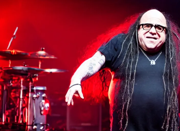 Image similar to publicity photo still of danny devito touring with korn live on stage, 8 k, live concert lighting, mid shot