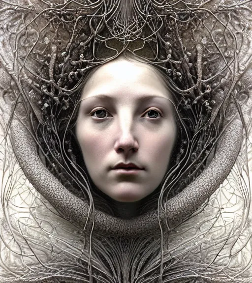 Image similar to detailed realistic beautiful frost goddess face portrait by jean delville, gustave dore, iris van herpen and marco mazzoni, art forms of nature by ernst haeckel, art nouveau, symbolist, visionary, gothic, neo - gothic, pre - raphaelite, fractal lace, intricate alien botanicals, ai biodiversity, surreality, hyperdetailed ultrasharp octane render