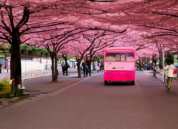 Prompt: pixel art of a bus stop in kyoto where cherry blossoms bloom a warm pink color.