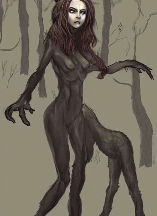 Image similar to werewolf girl in a dark forest, anthropomorphic, fierce, trending on artstation