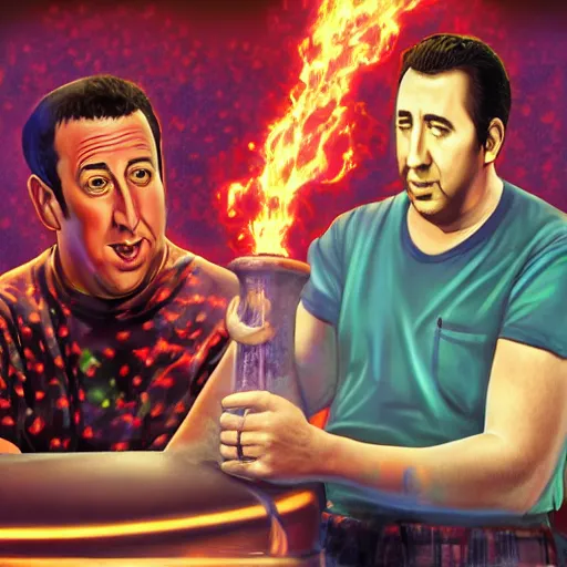 Image similar to Adam Sandler, catching Nicholas Cage, in a lava lamp, Trending on Artstation, Hiroaki Tsutsumi style