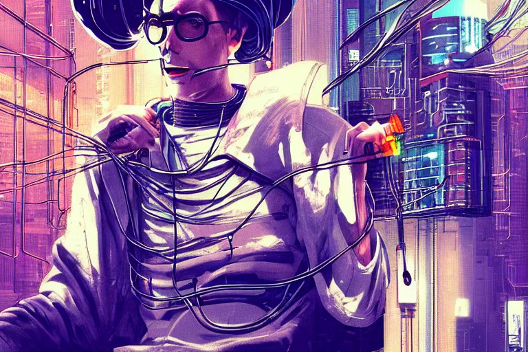 Prompt: man with wires on his head and a cigarette in his mouth, cyberpunk art by hayao miyazaki, behance contest winner, panfuturism, circuitry, darksynth, future tech