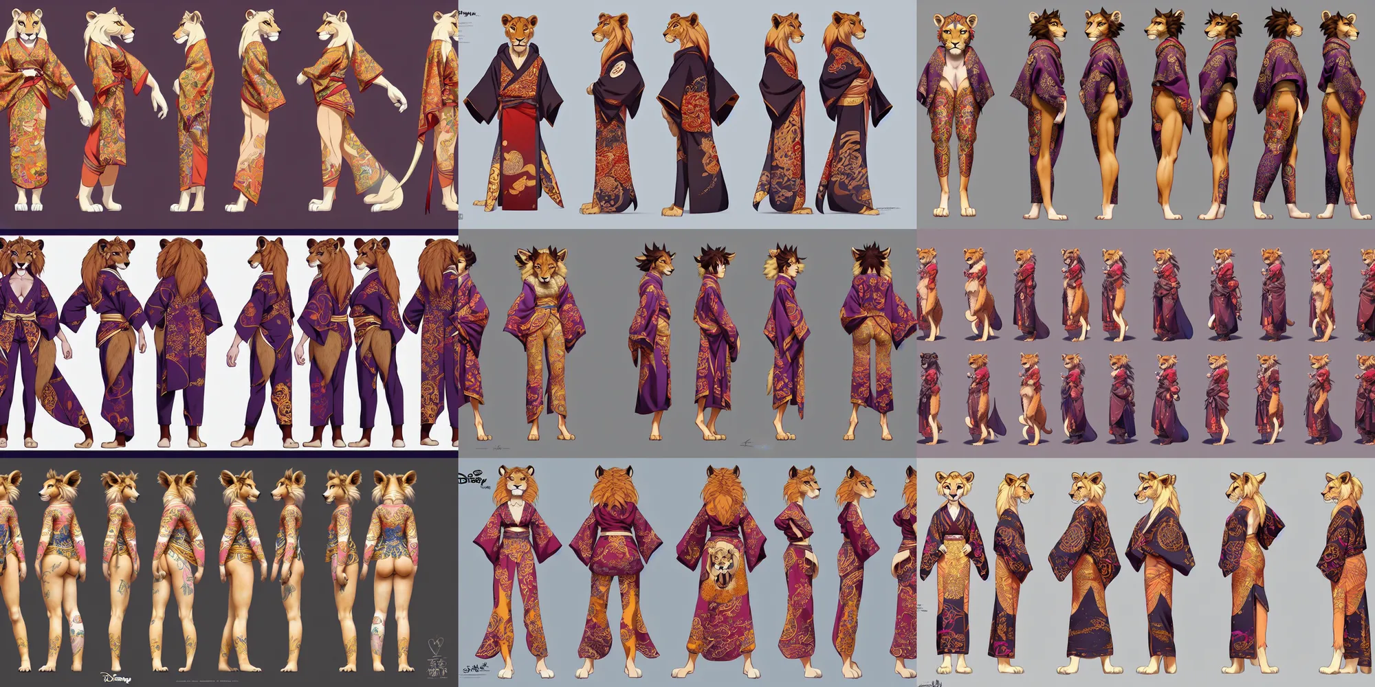 Prompt: beautiful full body character reference sheet with front, back and side profiles of a strong female anthropomorphic lioness fursona wearing an ornate kimono. character design by disney, anime, manga, charlie bowater, ross tran, artgerm, and makoto shinkai, detailed, soft lighting, rendered in octane