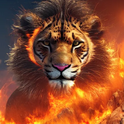 Image similar to mix of puma and jaguar and lion and tiger jumping over a cliff, giant cat monster, 8 k ultra realistic animal, detailed intricate fur, flame in the fur, full of colour, cinematic lighting, battered, trending on artstation, 4 k, hyperrealistic, focused, extreme details, unreal engine 5, cinematic, masterpiece, art by ayami kojima