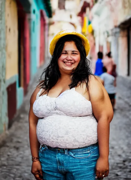 Image similar to close up portrait of a beautiful, chubby, 30-year-old woman from Cuba, happy, candid street portrait in the style of Mario Testino, award winning, Sony a7R