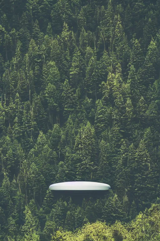 Image similar to sci fi nuclear containment buildings in a steep sided valley with trees, ufo flying around, a sense of hope and optimism, birds overhead, stark light, day time, unsplash, national geographic, hd, high res