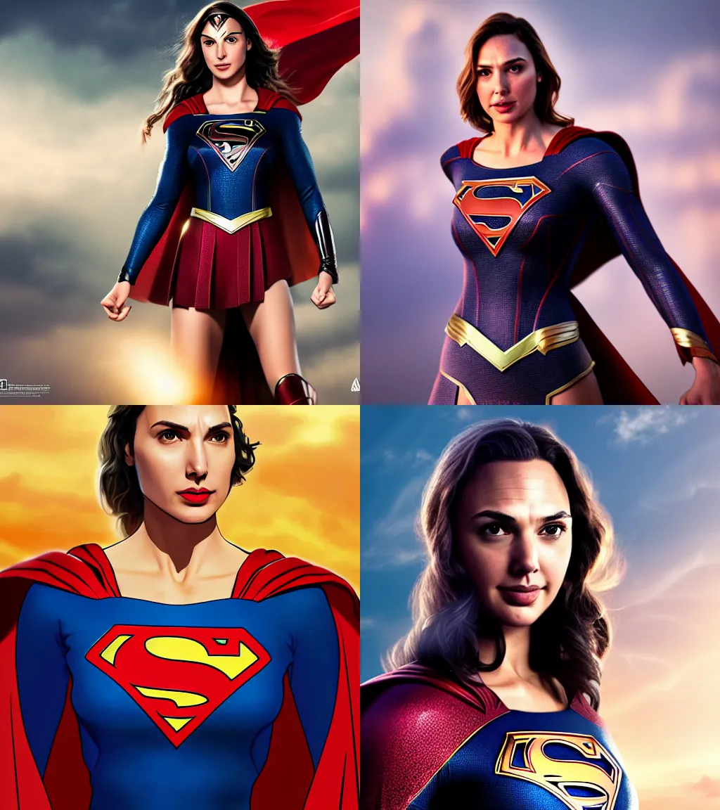 Prompt: a potrait of Gal Gadot as Supergirl, 8k photorealistic, cinematic lighting, HD, high details, dramatic, trending on artstation, view from above