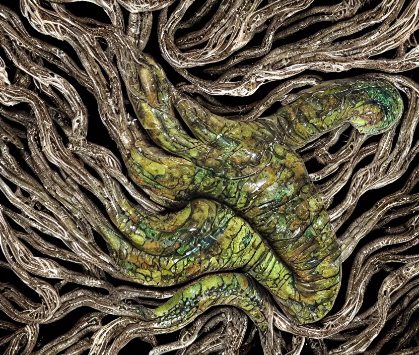 Prompt: a high resolution photo of a complex slimey creature nature forest, grown together various animal eyes, computer veins wrinkles, cracked plastic wrap, gills morph scales merged in fur skin, wrinkled muscles skin, veins merged feet head, displacement, black hole, distorted animal head face eyes arms tail