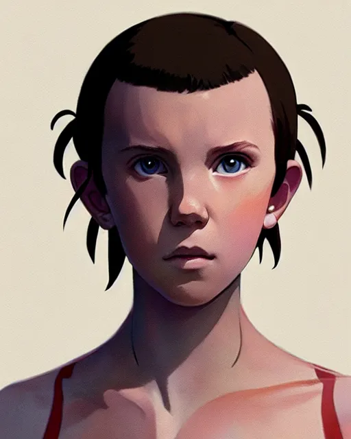 Prompt: millie bobby brown as an azctec warrior, detailed perfect face, exquisite details, fire magic, mid view, design on a white background, by studio muti, greg rutkowski makoto shinkai takashi takeuchi studio ghibli