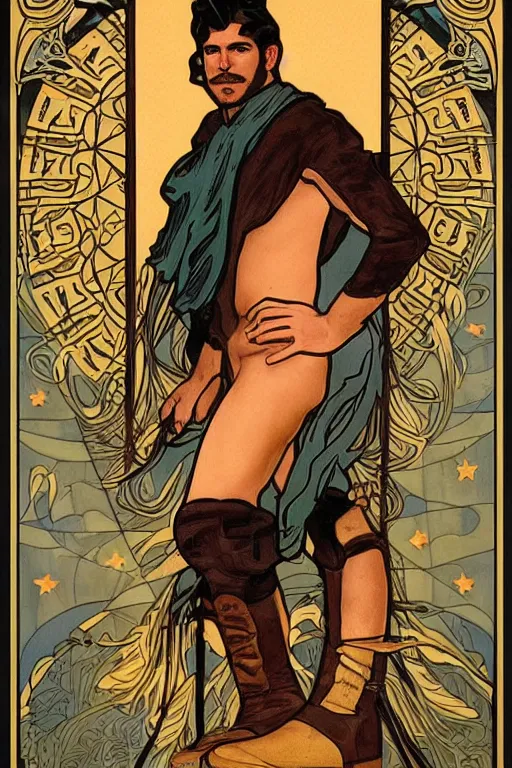 Prompt: a beautiful dramatic tarot card of a handsome shirtless cowboy | dad bod, wearing cowboy boots | homoerotic, art deco, art nouveau | by mark maggiori, by alphonse mucha | trending on artstation