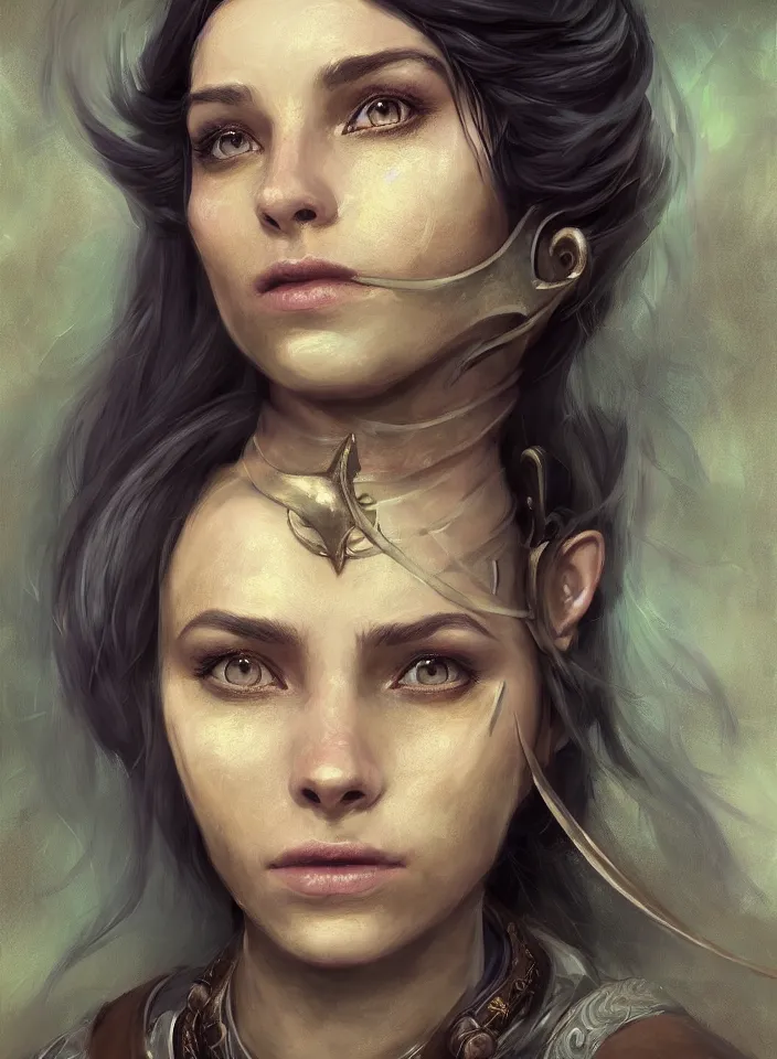 Image similar to a face portrait of a beautiful girl as a bard from skyrim, fantasy setting, beautiful face, serene colors, soft lighting, atmospheric, cinematic, moody, in the style of diego koi, gina heyer, luiz escanuela, art by alyssa monk, hyperrealism, rule of thirds, golden ratio, oil on canvas, 8 k