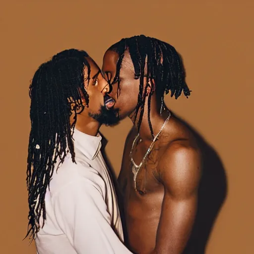 Prompt: studio photo of jesus kissing travis scott, studio portrait