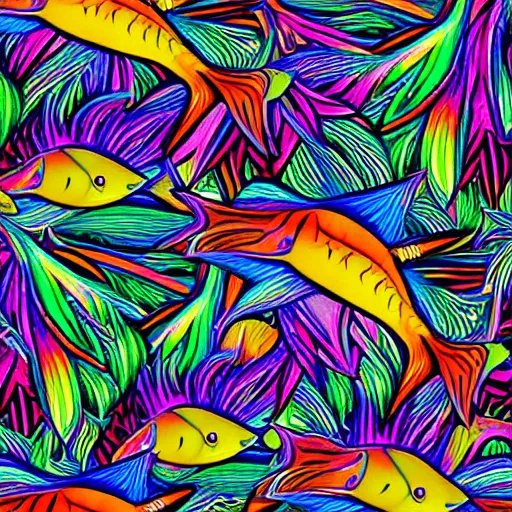 Prompt: psychedelic, photorealistic, colorful fish in a maximalist style on a background that fades to black