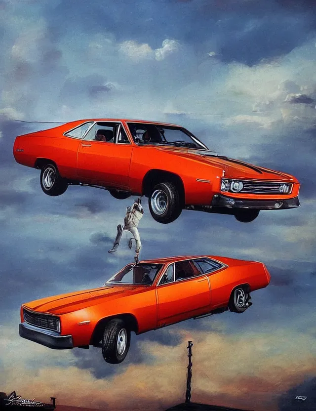 Prompt: the general lee car from dukes of hazzard jumping in the air over the garonne in bordeaux, matte painting, art, detailed, sharp focus, dramatic, cinematic, realistic, coherent,