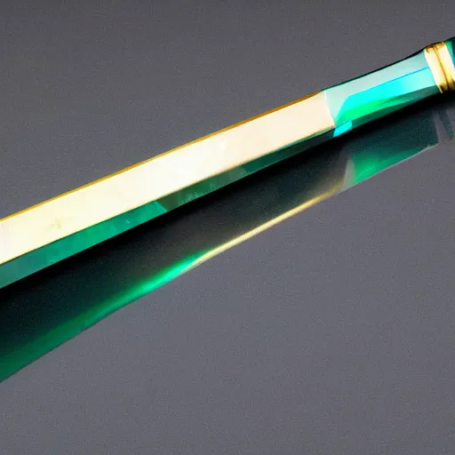 Image similar to photograph of a large green and teal crystal sword with a gold sword hilt