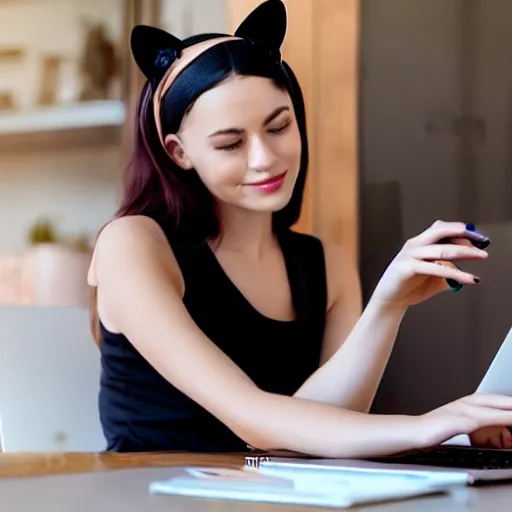 Prompt: cute woman wearing tank top and cat ears plays on computer, smooth art, sun flare