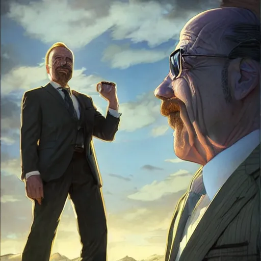 Prompt: saul goodman and walter white, fantasy character portrait, dynamic pose, above view, sunny day, very coherent asymmetrical artwork, sharp edges, perfect face, simple form, 1 0 0 mm by stanley artgerm lau, greg rutkowski, thomas kindkade, alphonse mucha, loish