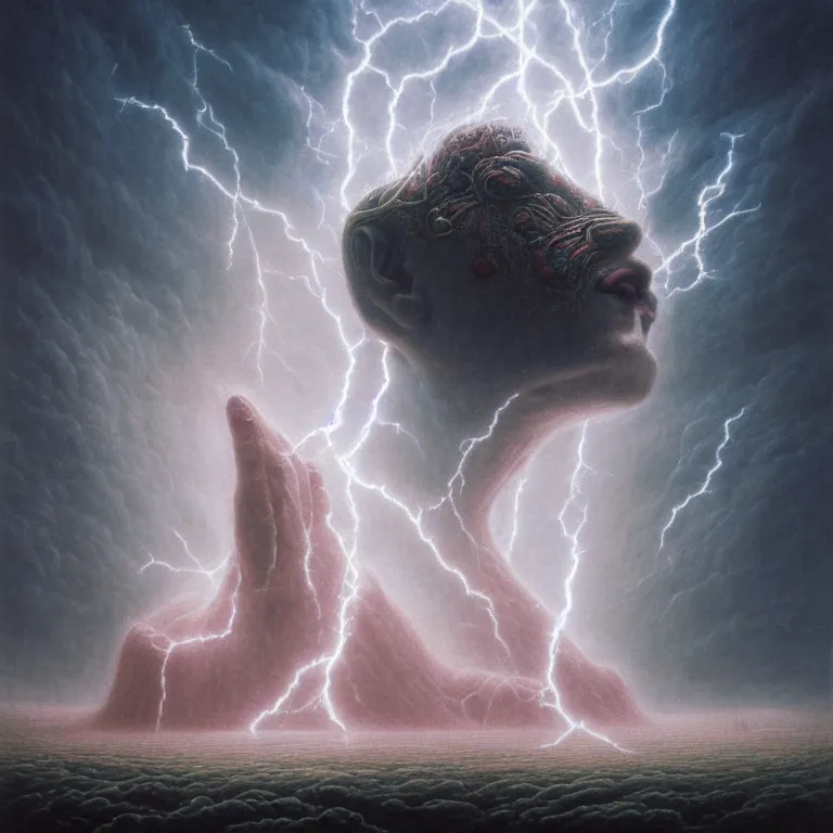 Image similar to asgardian god of thunder, covered with lightning by beksinski, psychedelic trippy visionary art, soft bloom lucid dream - like atmosphere, baroque painting, perfect composition, detailed octane render trending on artstation, 8 k artistic photography, volumetric cinematic perfect light, chiaroscuro, masterpiece, raphael, caravaggio, beksinski, rutkowski, beeple