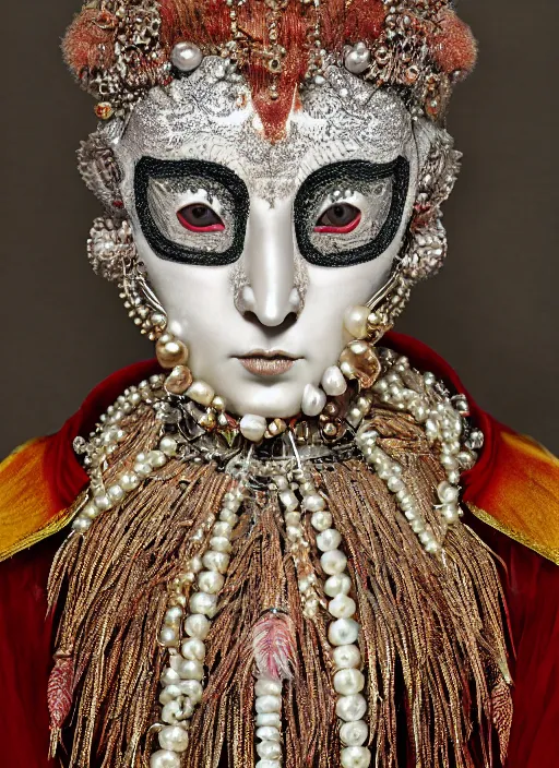 Prompt: hyperrealism, detailed textures, award winning autochrome photo, symetrical japanese pearl, beautiful animal pearl queen, autochrome pearl portrait, pearls, red feathers, silverplate, intricate, detailed facial pearl scary animal mask, pearl, golden jewelery, silverplate, ultra realistic, cinematic, intricate, by steve mccurry, unreal engine 8 k