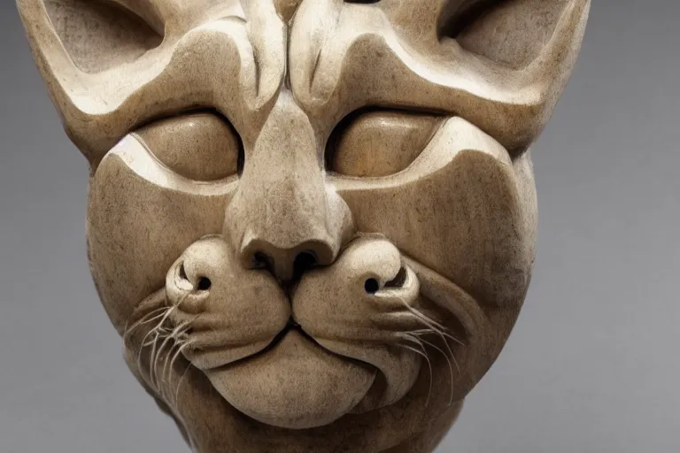 Image similar to a cinematic view of a ornated cat statue made with marble using oni wooden mask