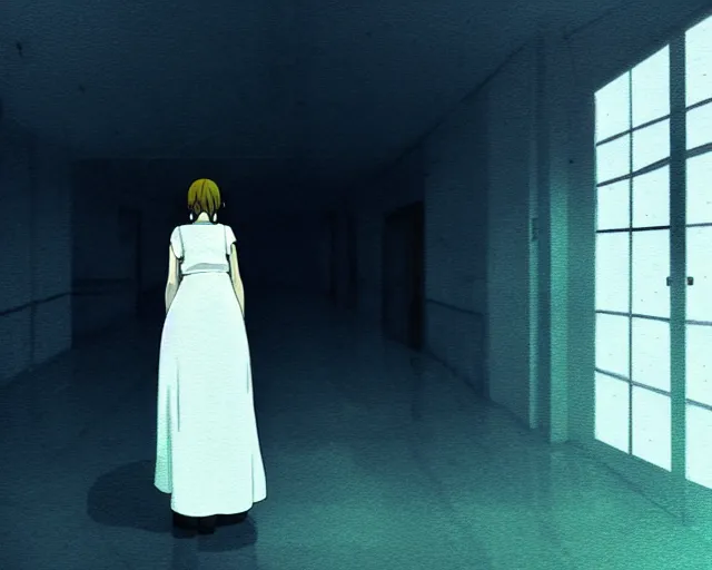 Image similar to creepy woman wearing white dress standing in the backrooms, psychological horror, the eerie forlorn atmosphere of a place that's usually bustling with people but is now abandoned and quiet, buzzing fluorescent lights above the ceiling, unsettling images, liminal space, dark, art by makoto shinkai