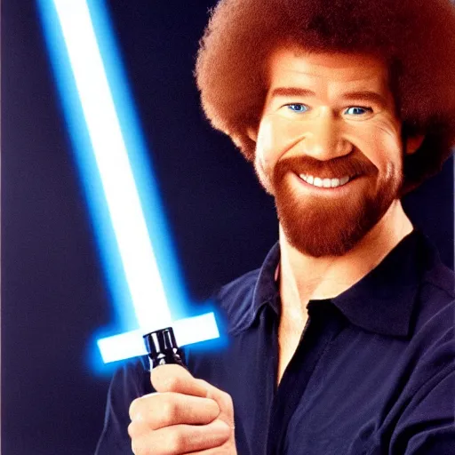 Image similar to Bob Ross painting of Bob Ross with a lightsaber