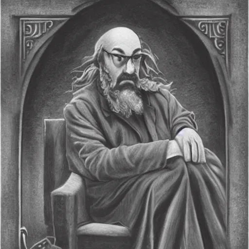 Prompt: Eric Satie as a wizard, early tabletop art, monochrome, by David Trampier
