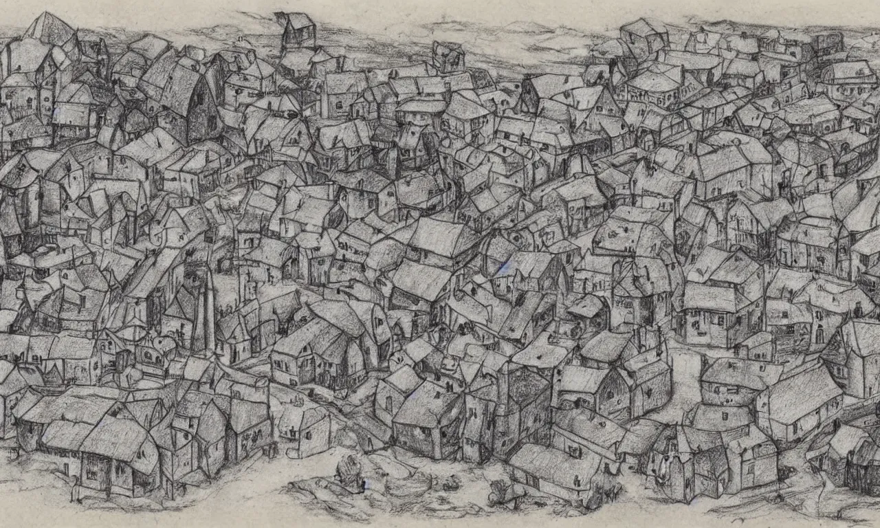 Prompt: Stereoscopic 3D photo of a medieval village dioram, High detailed drawing