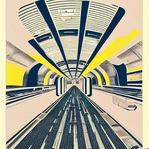 Prompt: a risograph print of a retro 70s sci-fi underground train station by Syd Mead and Gail Brodholt