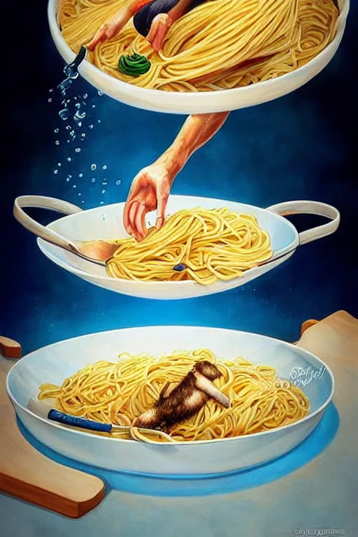 Image similar to olympic diving springoard, diver is diving head down into a dish of pasta, detailed realistic art, artgerm