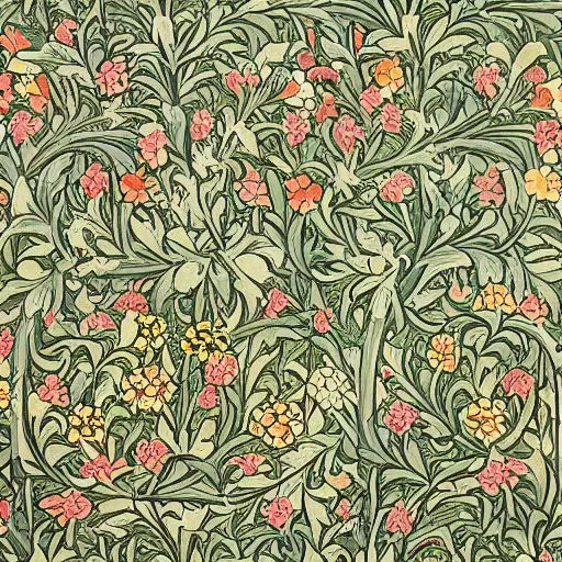 Prompt: foliage and flowers in an elaborate motif covering the wall , detailed high quality art in the style of William Morris,