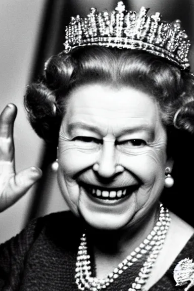 Image similar to queen Elizabeth smiling and waving while on fire