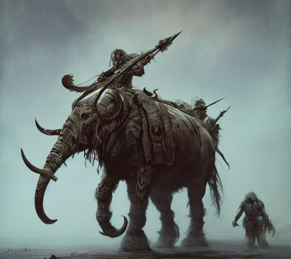 Image similar to war mammoth concept, wearing tribal armor, beksinski, adrian smith fantasy art, the hobbit art,, the witcher concept art, trending on artstation,