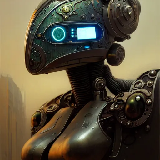 Prompt: low angle shot of a cyberpunk gazmask robot character wearing a gazmask, intricate, elegant, highly detailed, centered, digital painting, artstation, concept art, smooth, sharp focus, illustration, artgerm, Tomasz Alen Kopera, Peter Mohrbacher, donato giancola, Joseph Christian Leyendecker, WLOP, Boris Vallejo