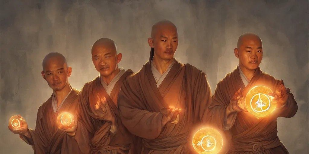 Prompt: shaolin monks holding an orbs of light. fantasy, digital painting, golden hour, 8 k, highly detailed. realistic award, disney concept art, watercolor splash, illustration by mandy jurgens, alphonse mucha hidari and wlop and greg rutkowski