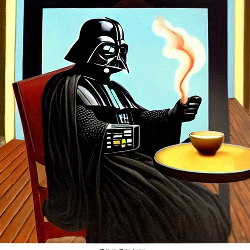 Prompt: darth vader sits on a chair behind a coffee salt on a summer veranda and holds in his hand a small china cup with tea from which steam comes out, in the stylization of paintings of romanticism, detailed facial proportions