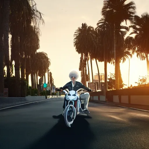 Image similar to a photorealistic image of a smiling white bichon frise puppy dog riding a black motorcycle in Hollywood at sundown. Palm trees in the background. Paws on handlebars. This 4K HD image is Trending on Artstation, featured on Behance, well-rendered, extra crisp, features intricate detail and the style of Unreal Engine.