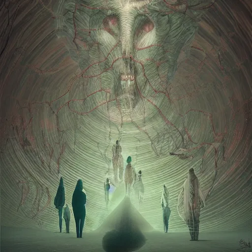 Image similar to lovecraftian group portrait of the psychosocial dark confrery cult, summoning terrible odds, highly detailled, layered networks of virtual data, by roger deakins, by beeple, by artgerm, by beksinski, by francis bacon, ultrarealism, 4 k, masterpiece