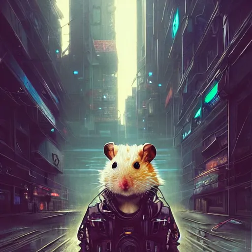 Image similar to A cyberpunk hamster cyborg on the street of a cyberpunk city, sci-fi, fantasy, intricate, very very beautiful, elegant, highly detailed, digital painting, artstation, concept art, smooth, sharp focus, illustration, art by artgerm and greg rutkowski and alphonse mucha